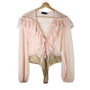 Pretty Little Thing Sheer Peach Ruffle Top Long-sleeve Bodysuit  Size 6